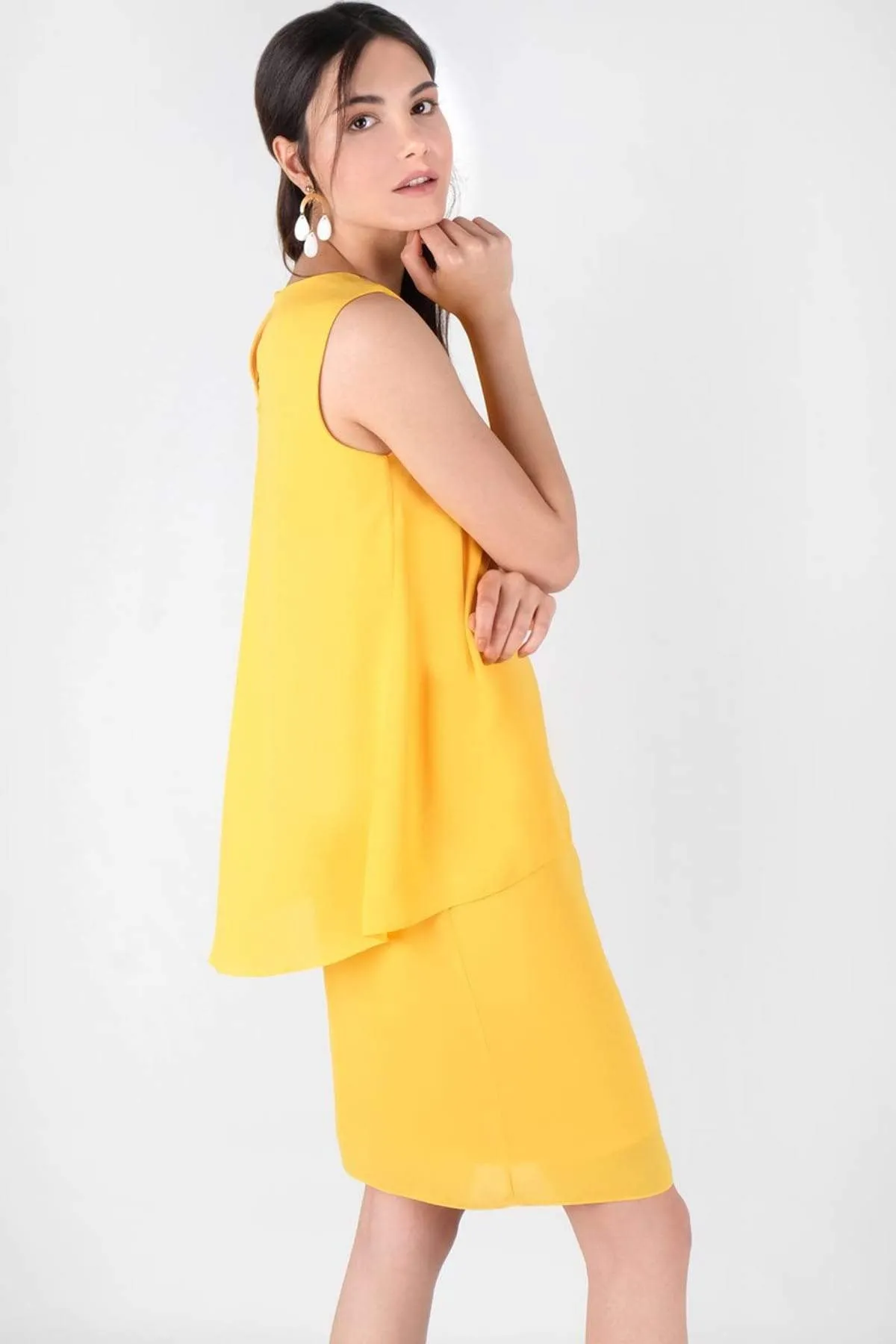 12858 Yellow Tiered Chiffon Dress