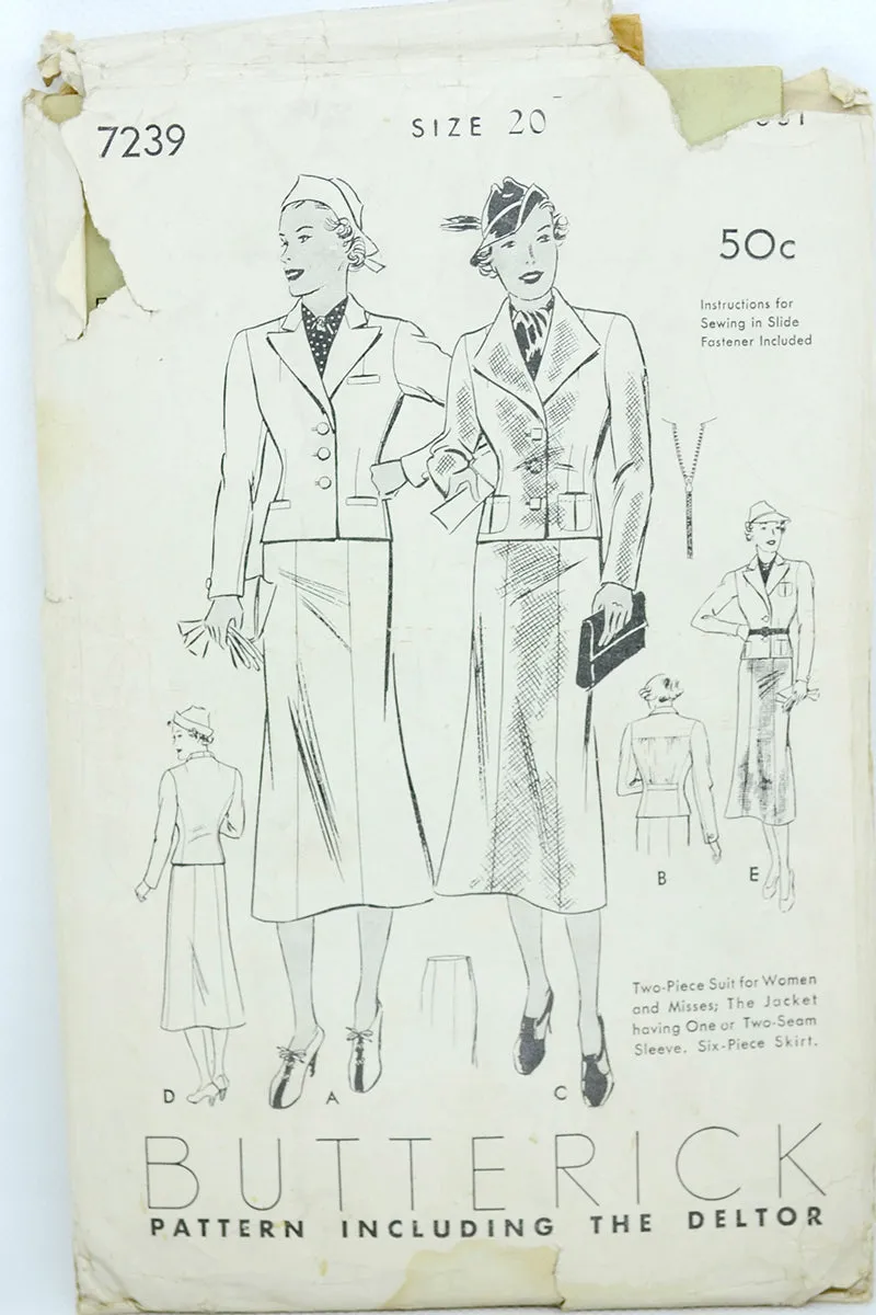 1937 Vintage Butterick 7239 Womens Skirt Suit Sewing Pattern