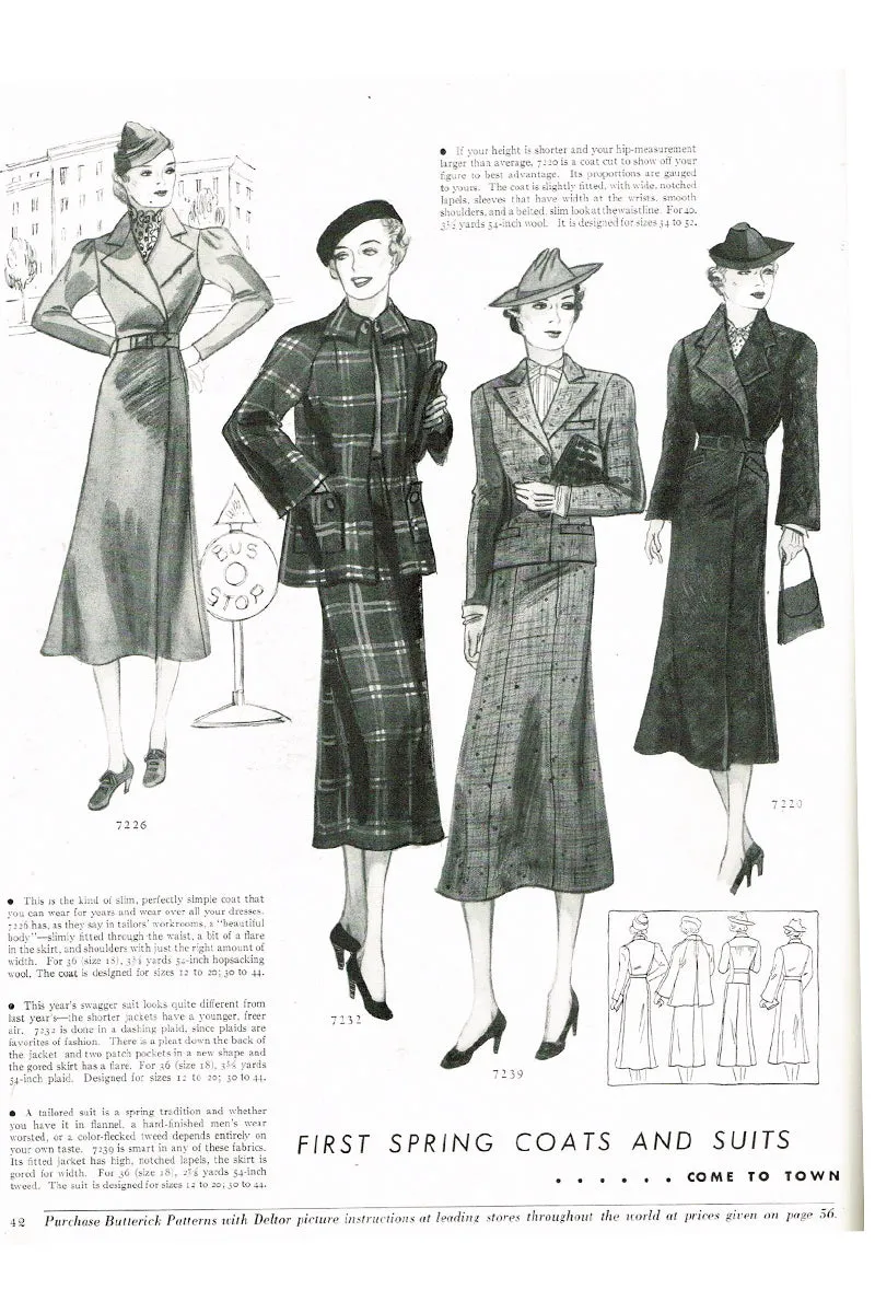 1937 Vintage Butterick 7239 Womens Skirt Suit Sewing Pattern