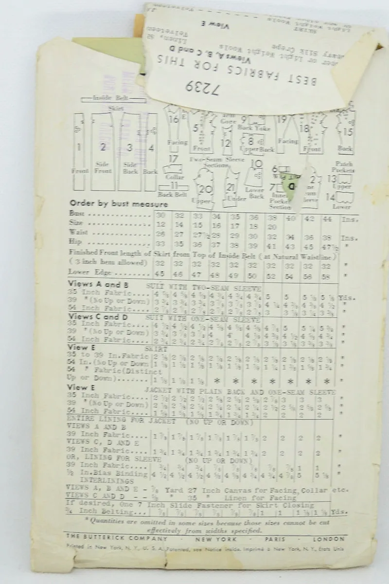 1937 Vintage Butterick 7239 Womens Skirt Suit Sewing Pattern