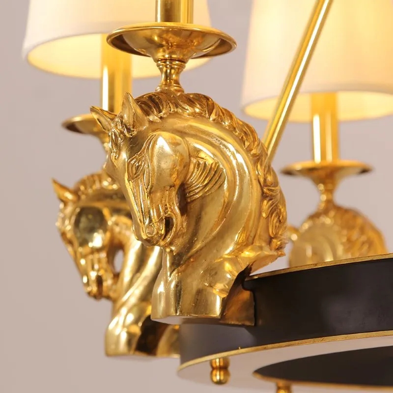 30X28 Inch 6 Lights Rococo Stype Cast Horse Head Antique Copper Chandelier Light