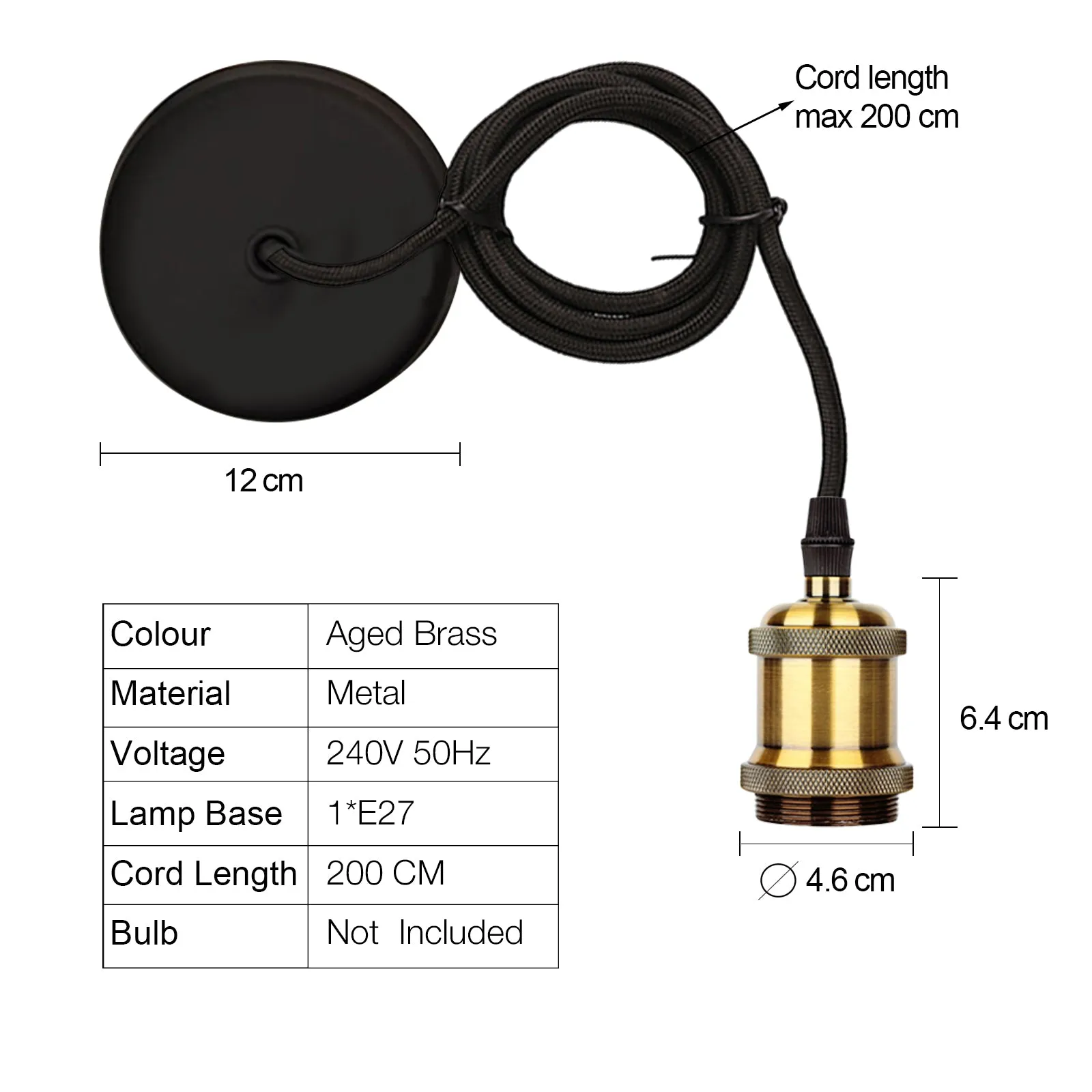 Aluminium Industrial Style Cafe Shop E27 base Pendant Light with 2m cable