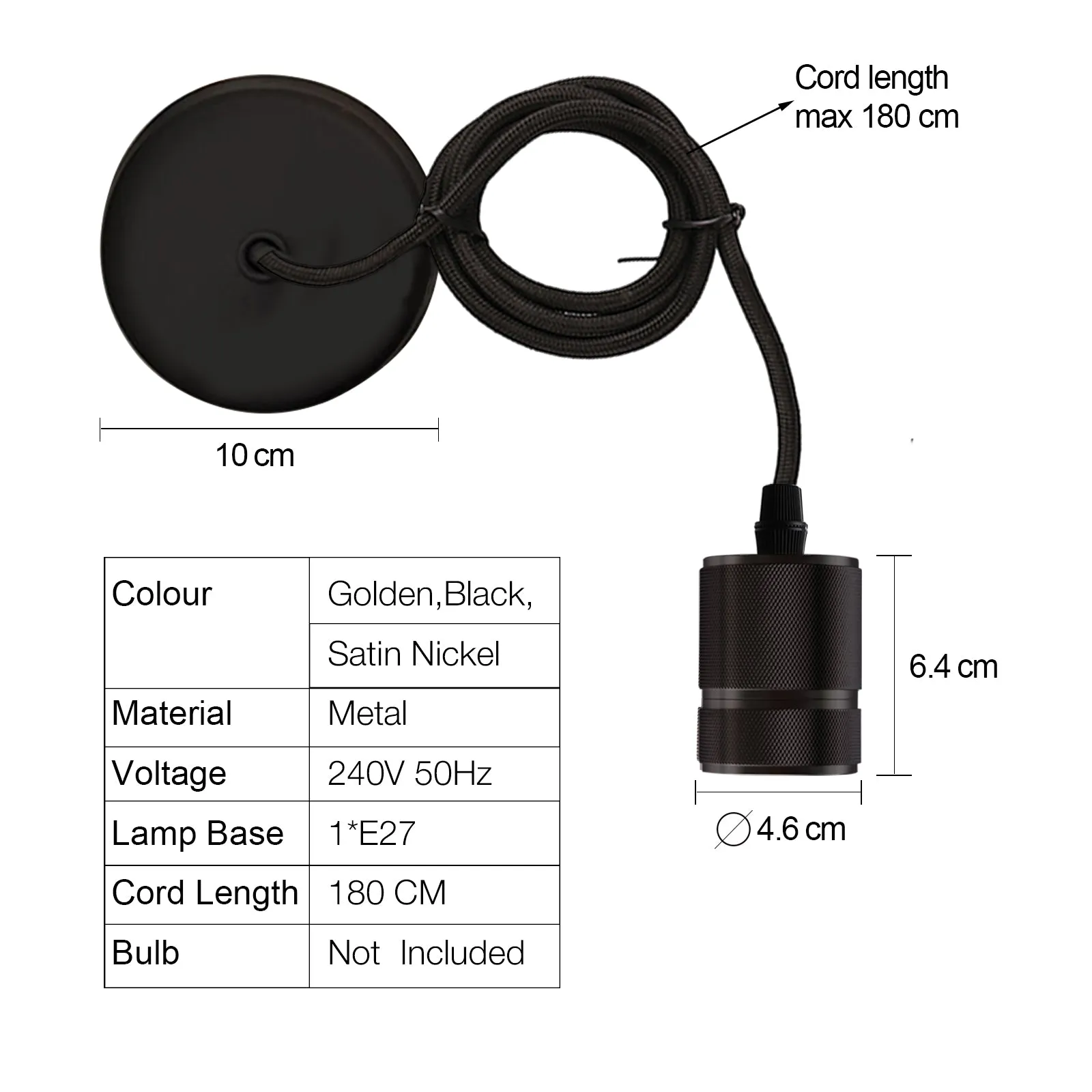 Aluminium Industrial Style Cafe Shop E27 base Pendant Light with 2m cable