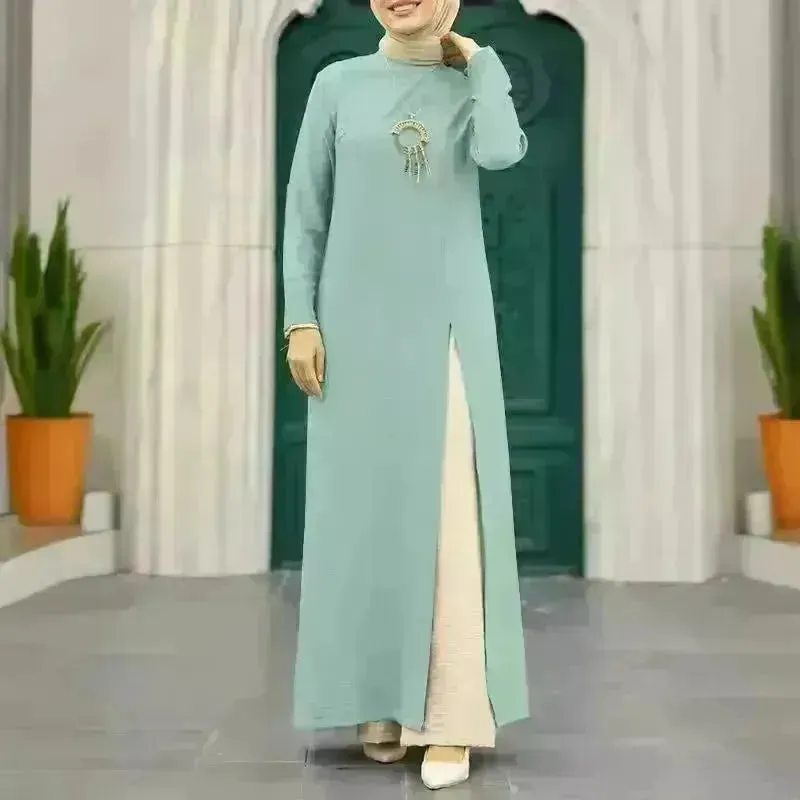ArabWomen Plain Split Long sleeve Abaya Dress