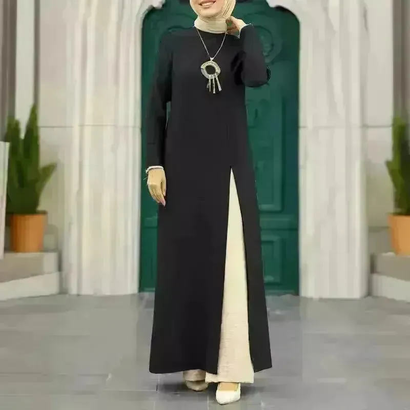 ArabWomen Plain Split Long sleeve Abaya Dress