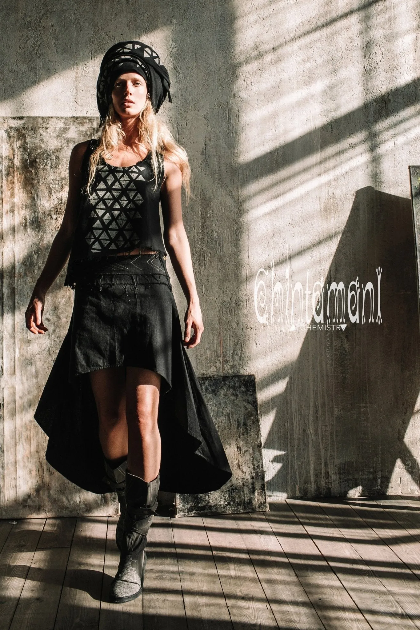 Asymmetric Raw Cotton Skirt with Navajo Pattern Stitches / Atua Tino / Black