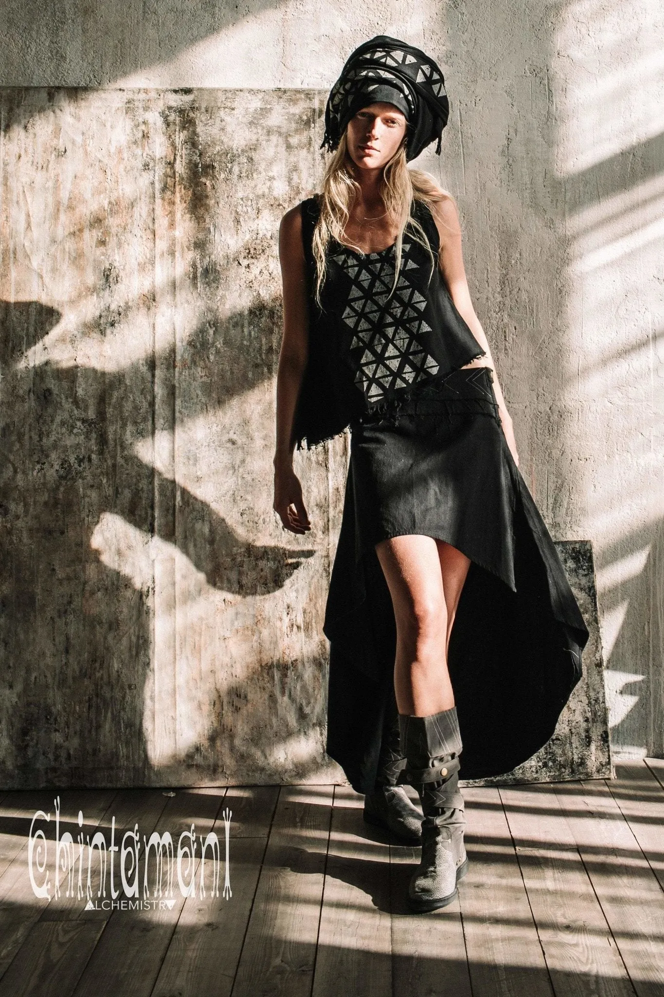 Asymmetric Raw Cotton Skirt with Navajo Pattern Stitches / Atua Tino / Black