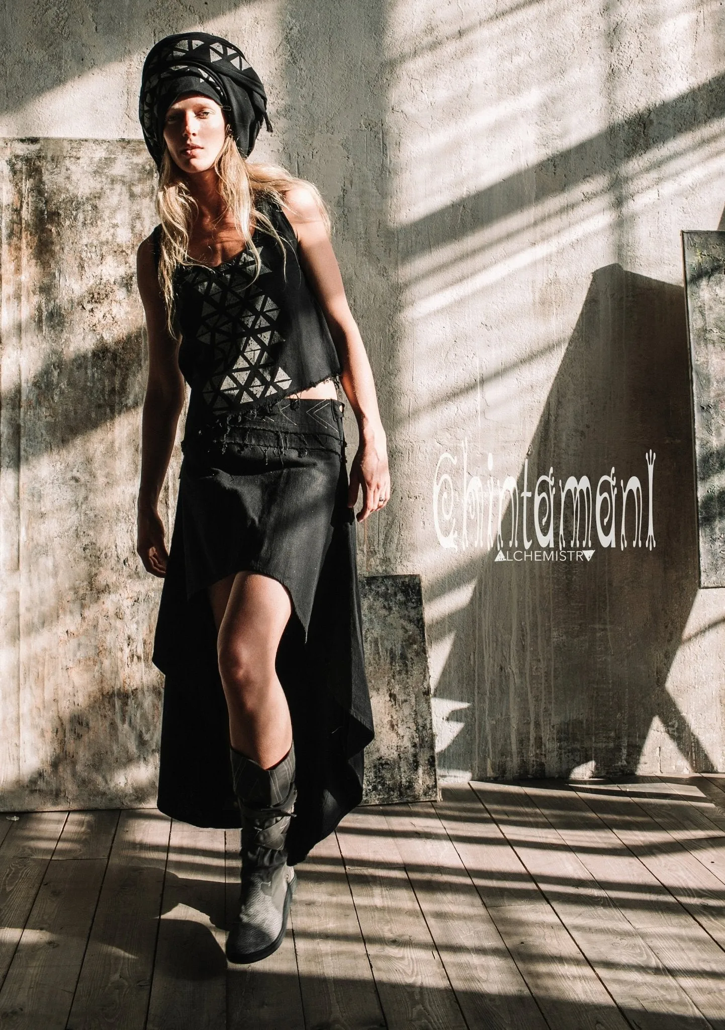 Asymmetric Raw Cotton Skirt with Navajo Pattern Stitches / Atua Tino / Black