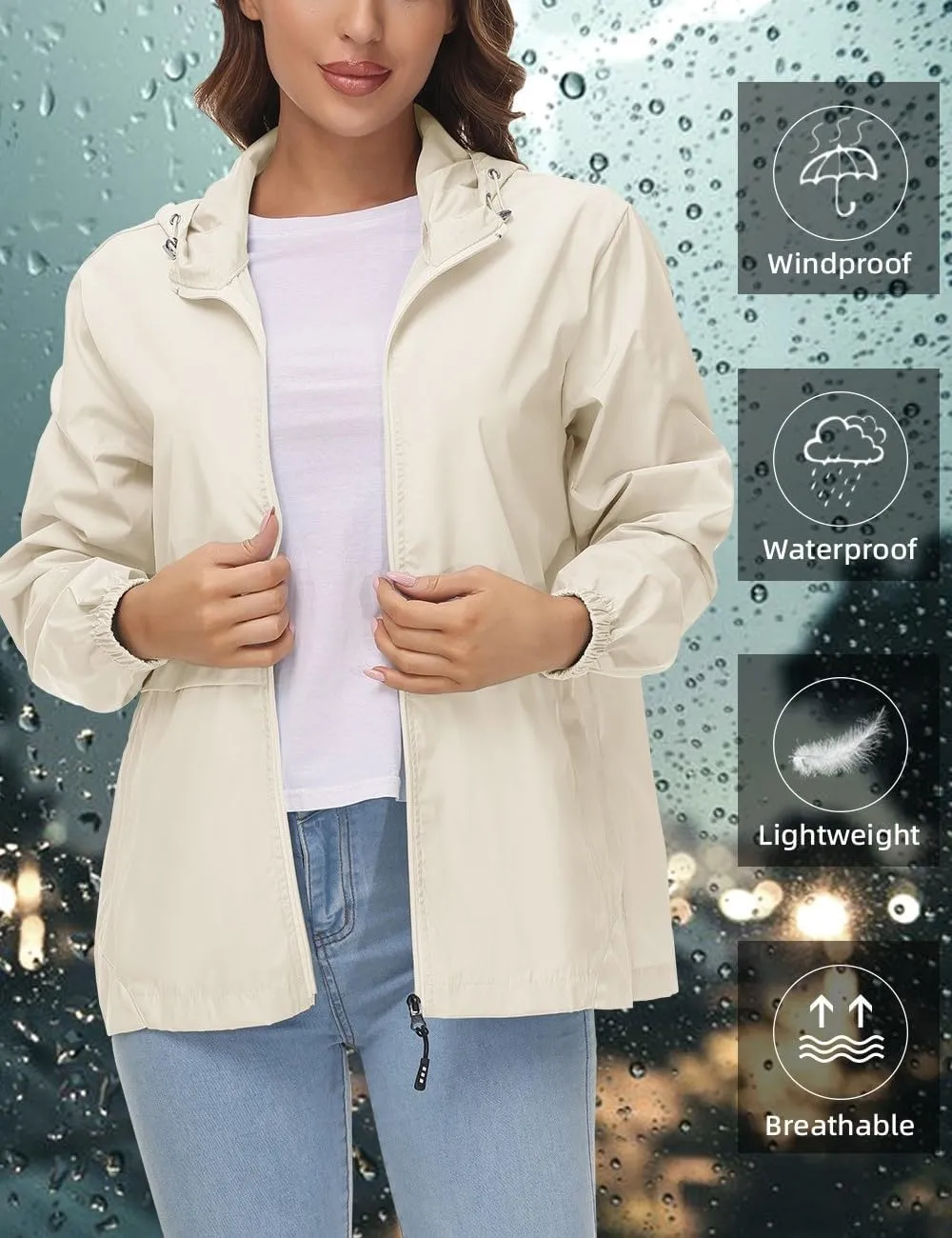 Avoogue Womens Waterproof Rain Jacket Lightweight Raincoat Packable Hooded Outdoor Windbreaker