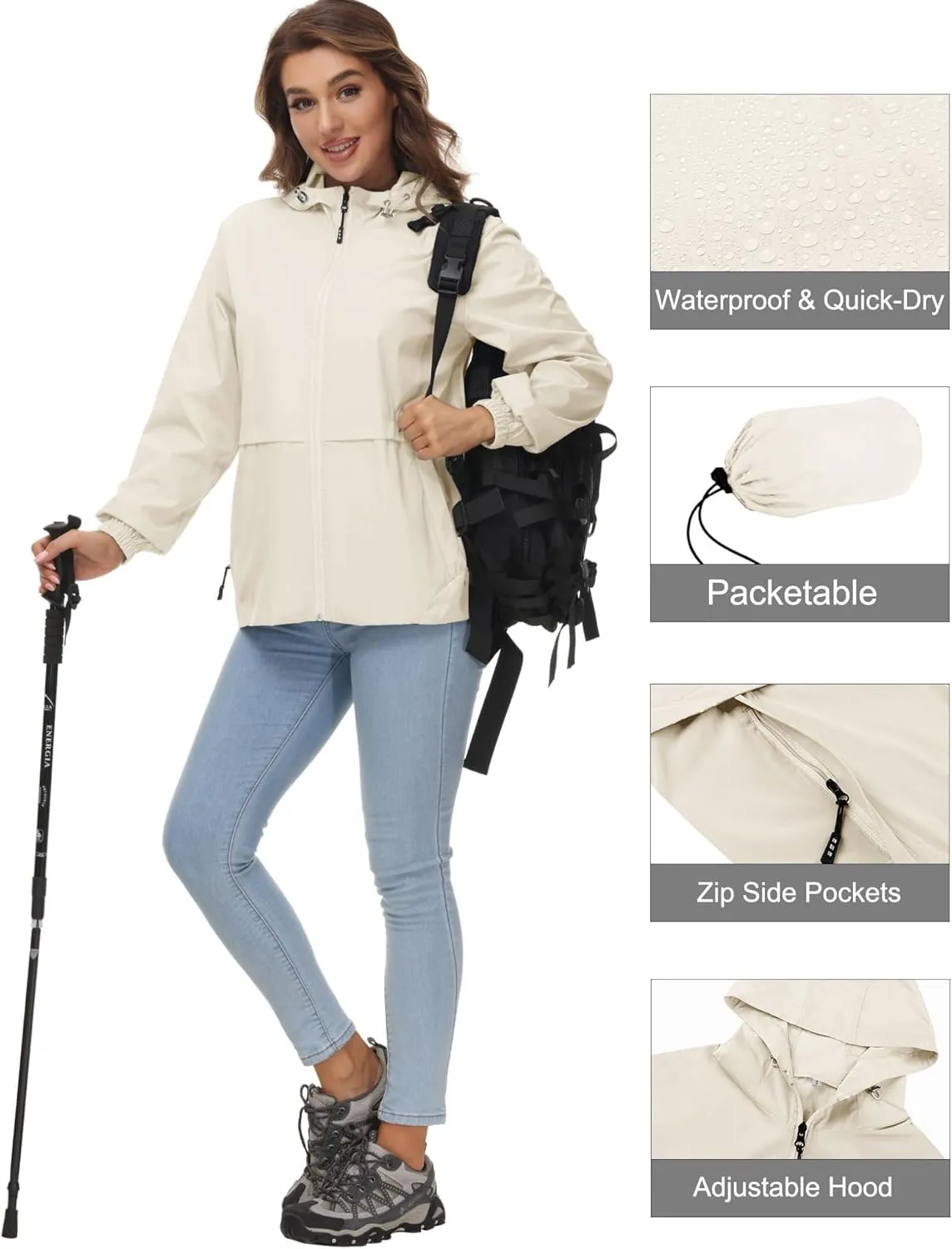 Avoogue Womens Waterproof Rain Jacket Lightweight Raincoat Packable Hooded Outdoor Windbreaker
