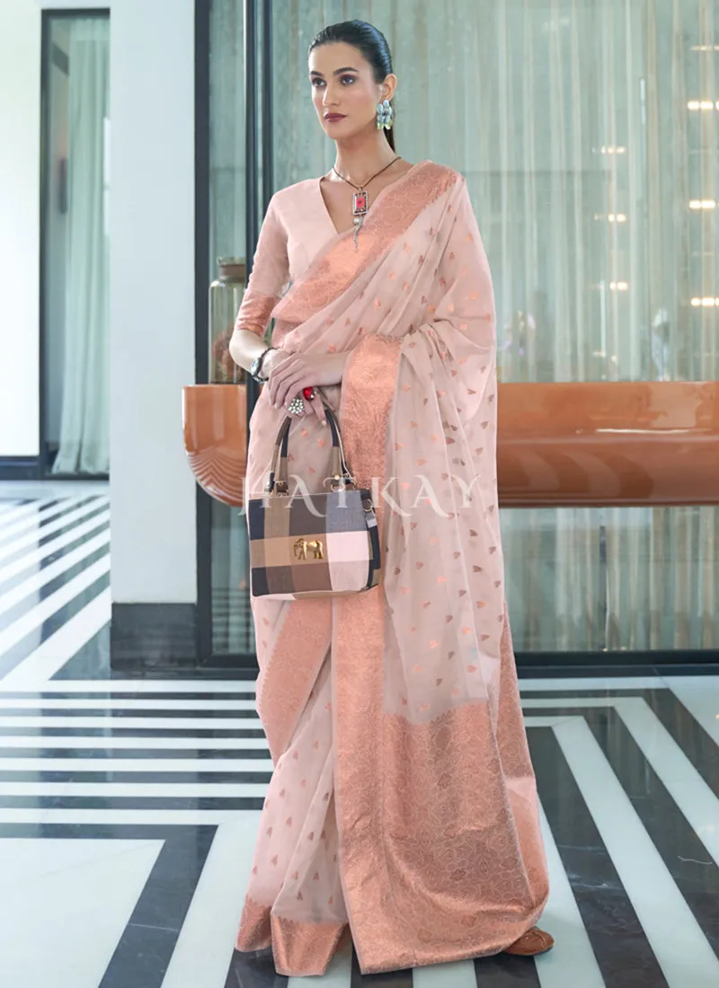 Baby Pink Mukaish Weaved Modal Silk Saree
