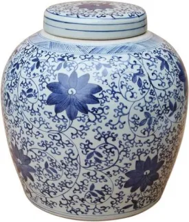 B&W Twisted Vine Floral Lidded Ming Jar Large