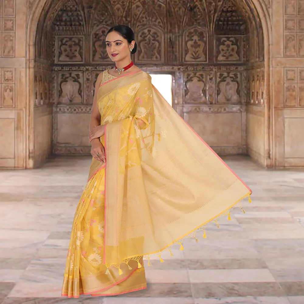Banaras Kota Tilfi Jaal work Indian sari - Yellow