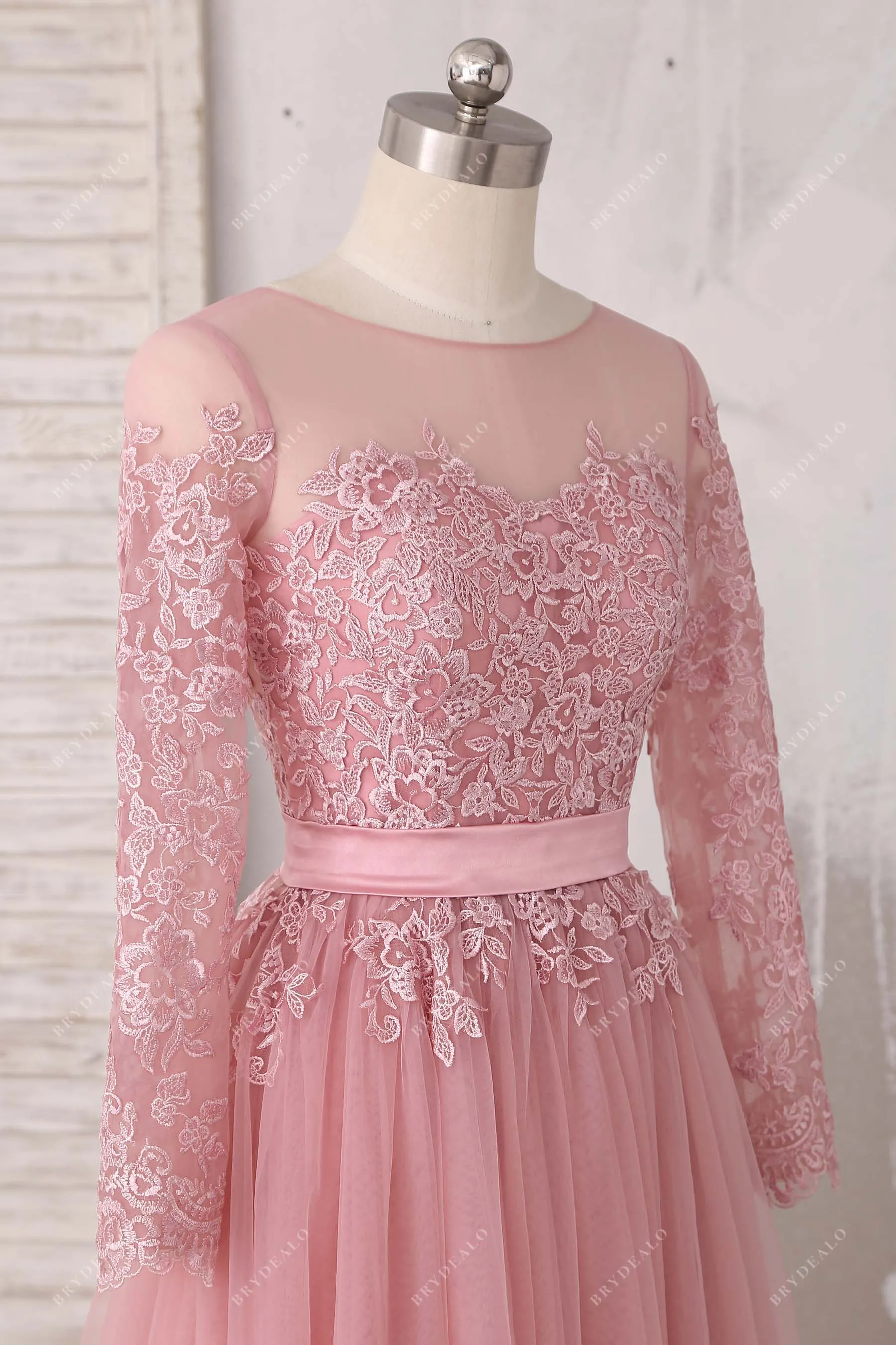 Beautiful Lace Dusty Pink Tulle A-line Illusion Wedding Dress