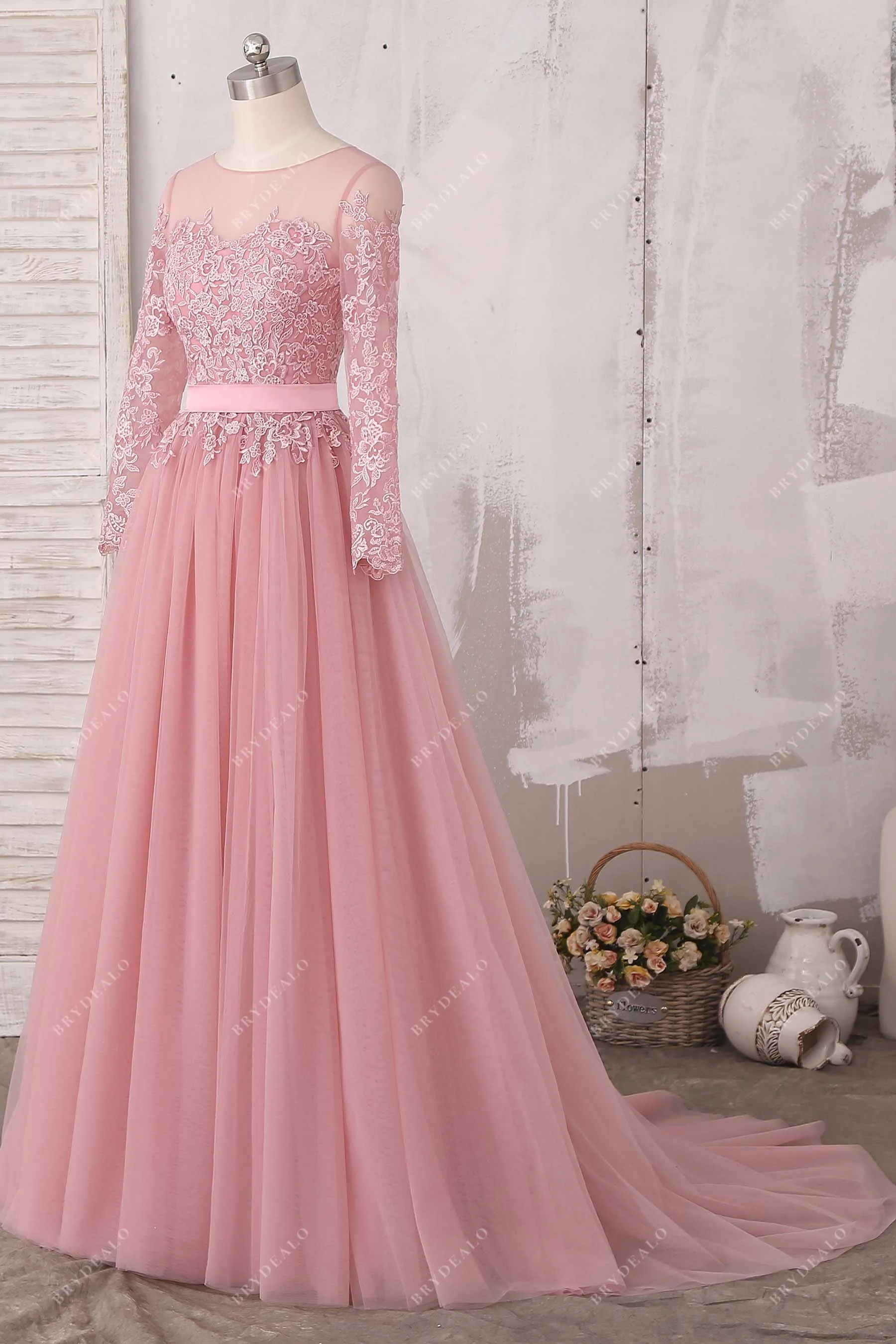 Beautiful Lace Dusty Pink Tulle A-line Illusion Wedding Dress