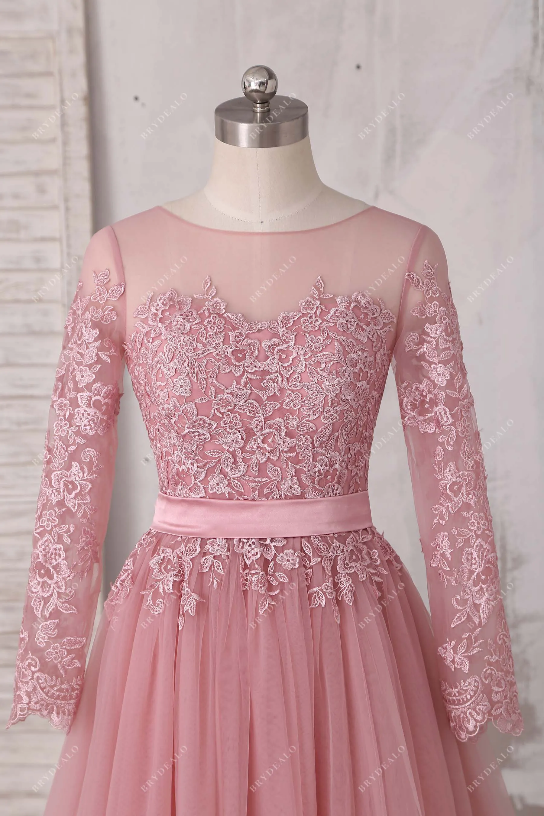 Beautiful Lace Dusty Pink Tulle A-line Illusion Wedding Dress