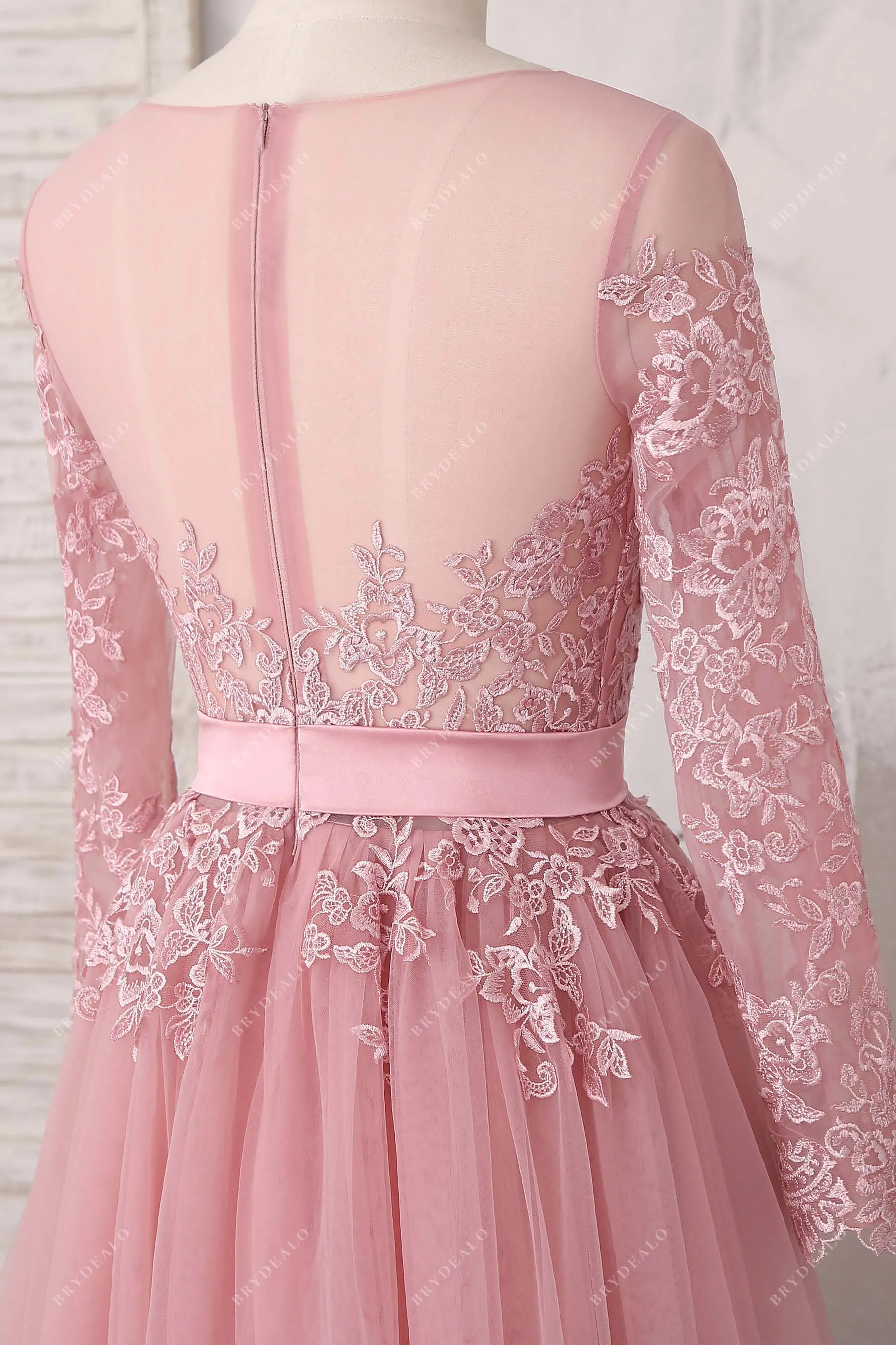 Beautiful Lace Dusty Pink Tulle A-line Illusion Wedding Dress