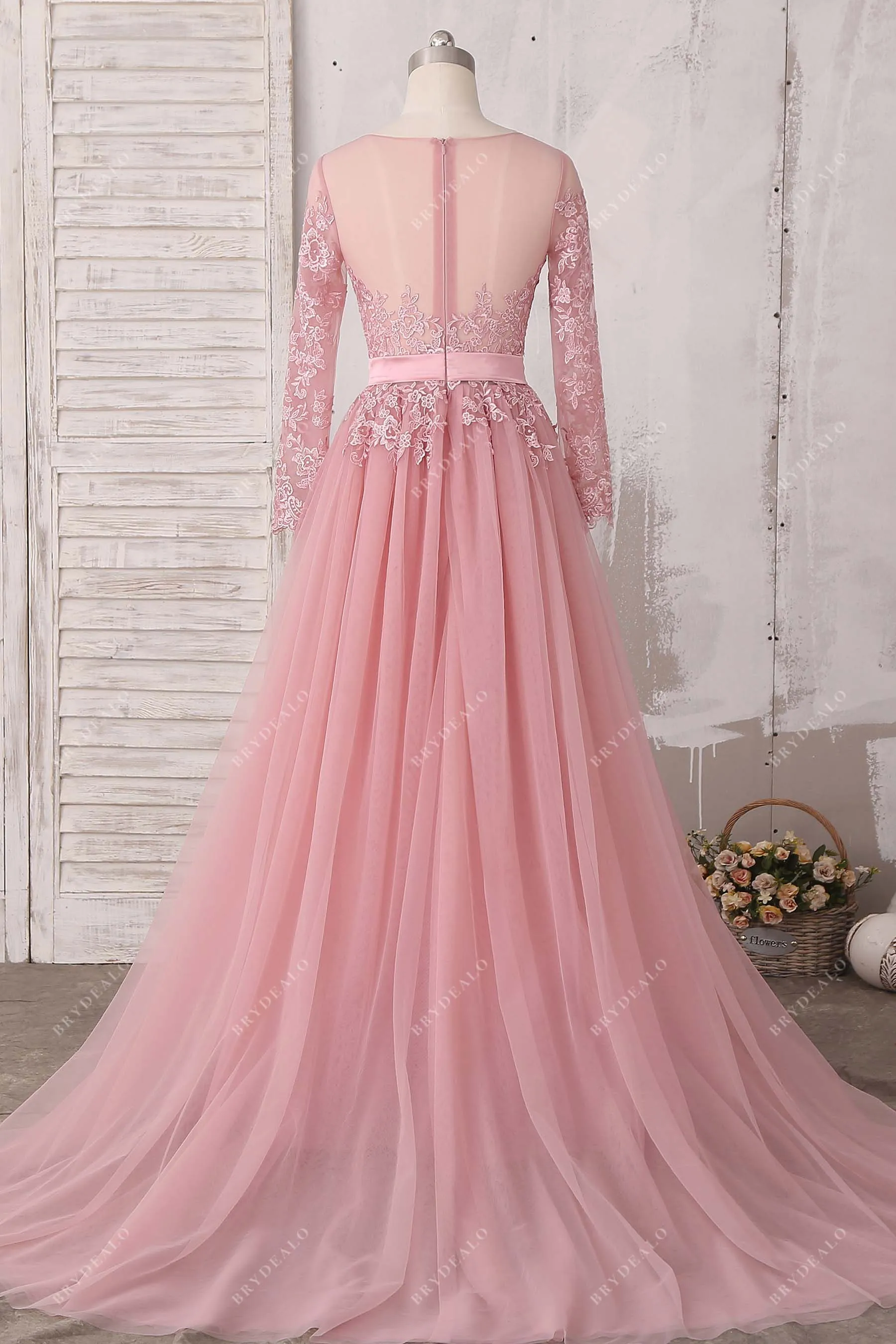 Beautiful Lace Dusty Pink Tulle A-line Illusion Wedding Dress
