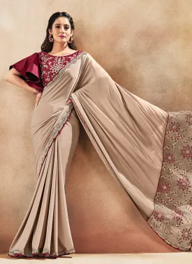 Beige Maroon Floral Embroidered Wedding Style Saree