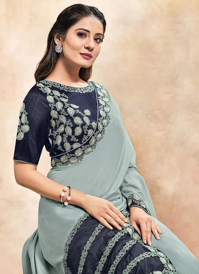 Blue Two Tone Embroidered Party Wear Saree