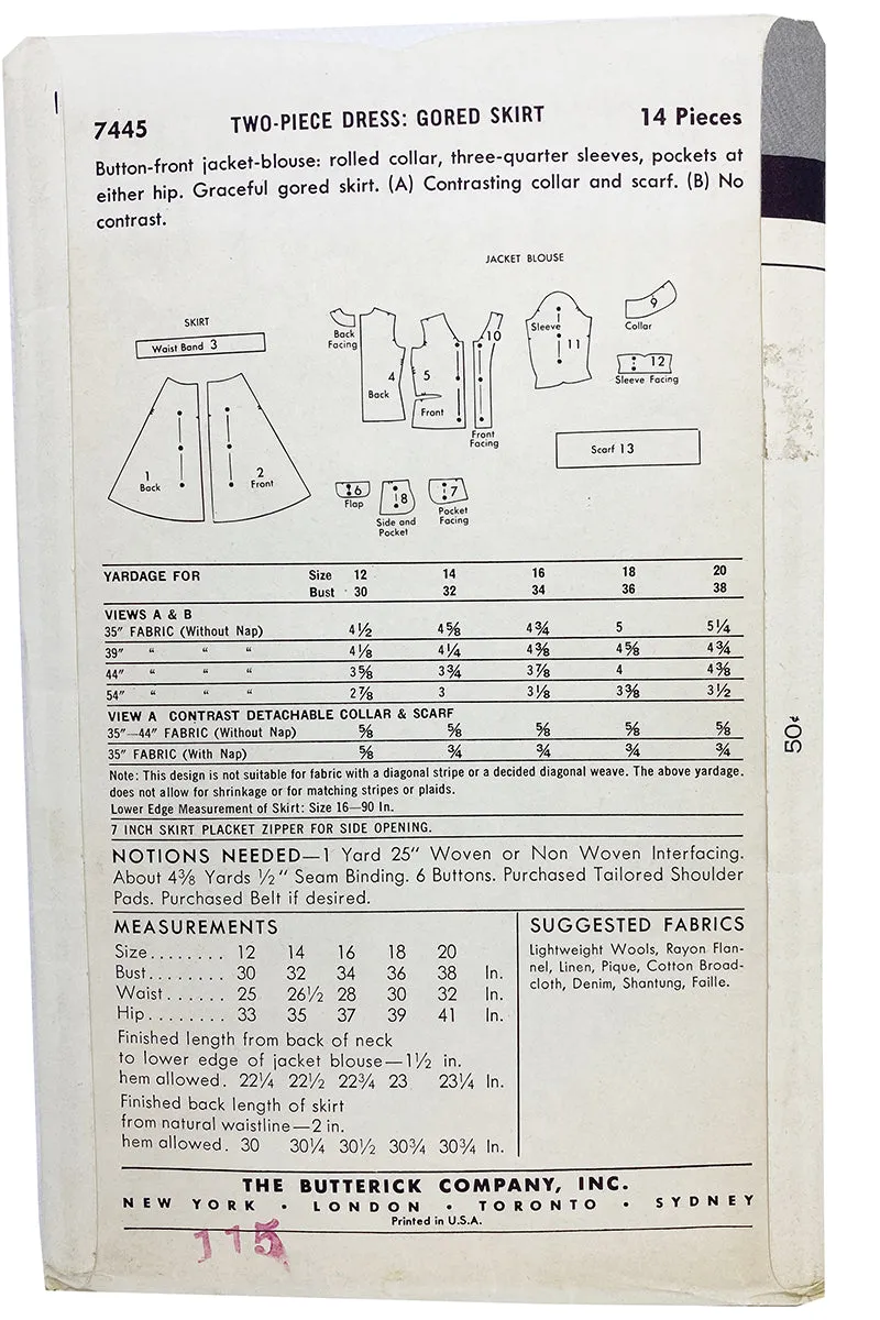 Butterick 7445 Vintage 1950s 2 pc Dress Sewing Pattern