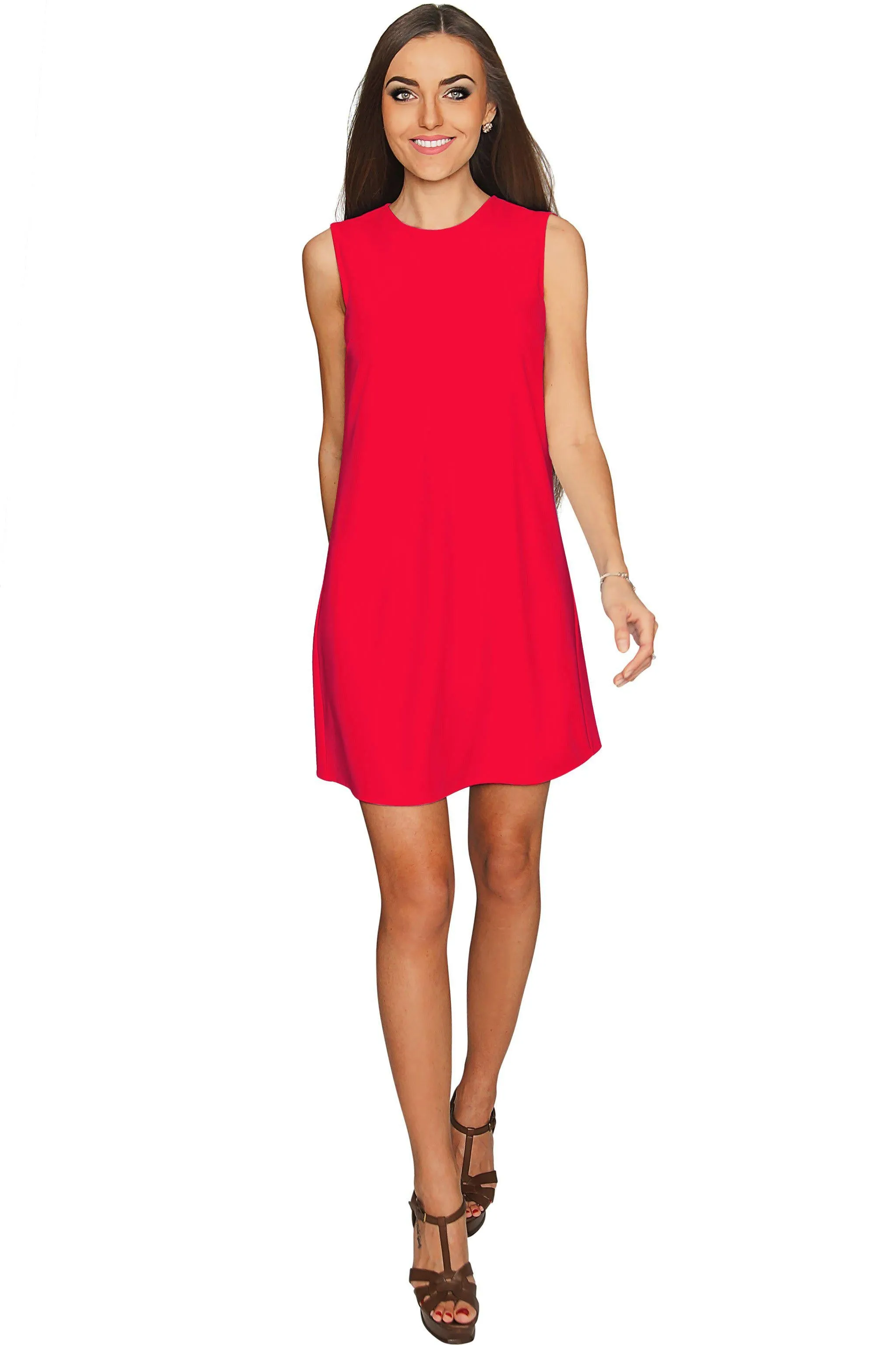 Cherry Red Sleeveless A-Line Trapeze Cocktail Shift Dress - Women