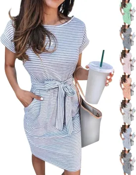 Cotton T Shirt Dresses for Women 2024 Cute Striped Summer Dress Tie Waist Casual Sun Dresses with Pockets