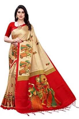 CRAFTSTRIBE Khadi Silk Ethnic Print Cream for Wedding Gift Saree for Women