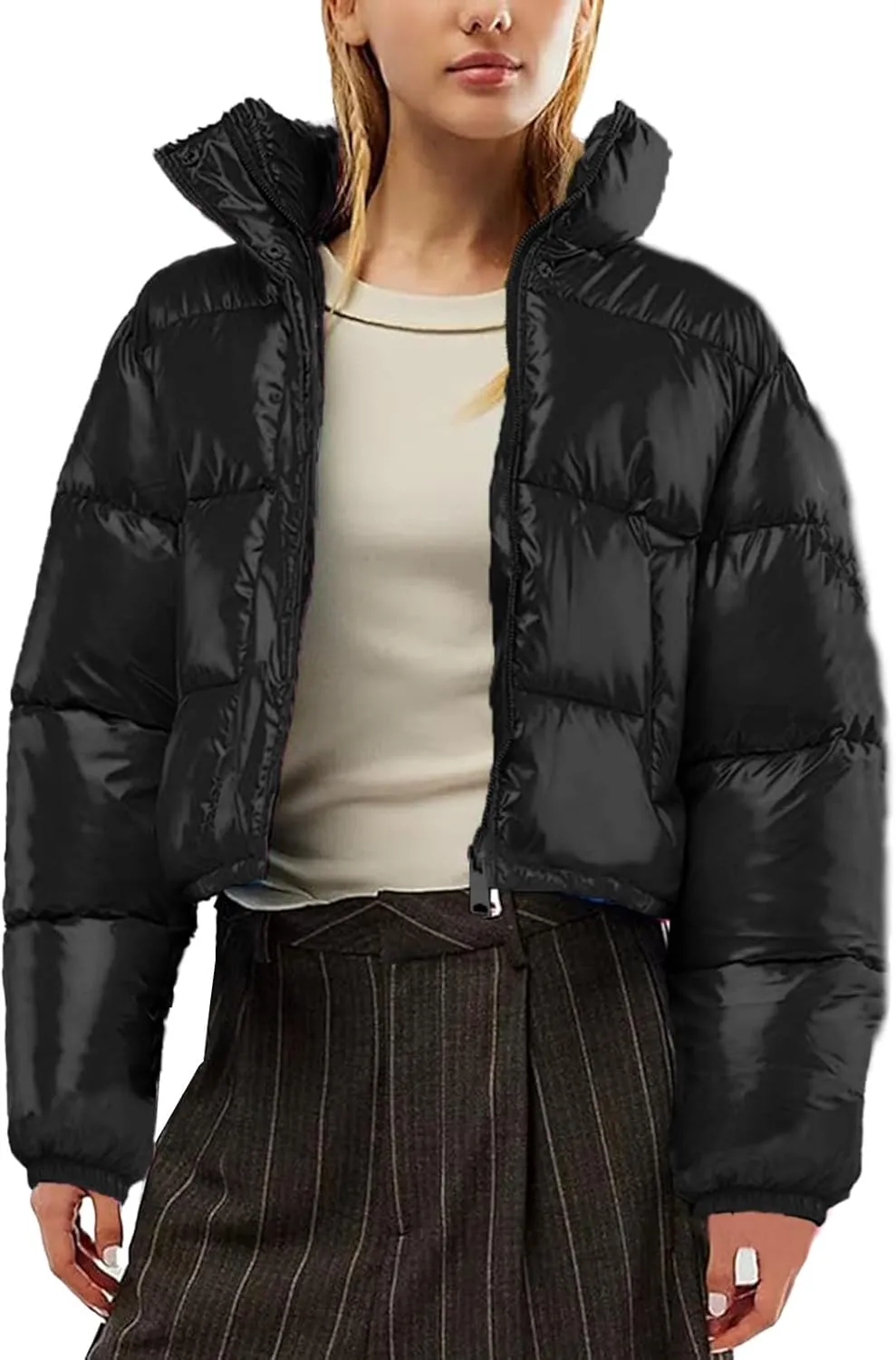 Cropped Puffer Jacket Women Winter Warm Stand Collar Slim Fit Crop Puffy Down Coat Long Sleeve Short Bubble Jackets
