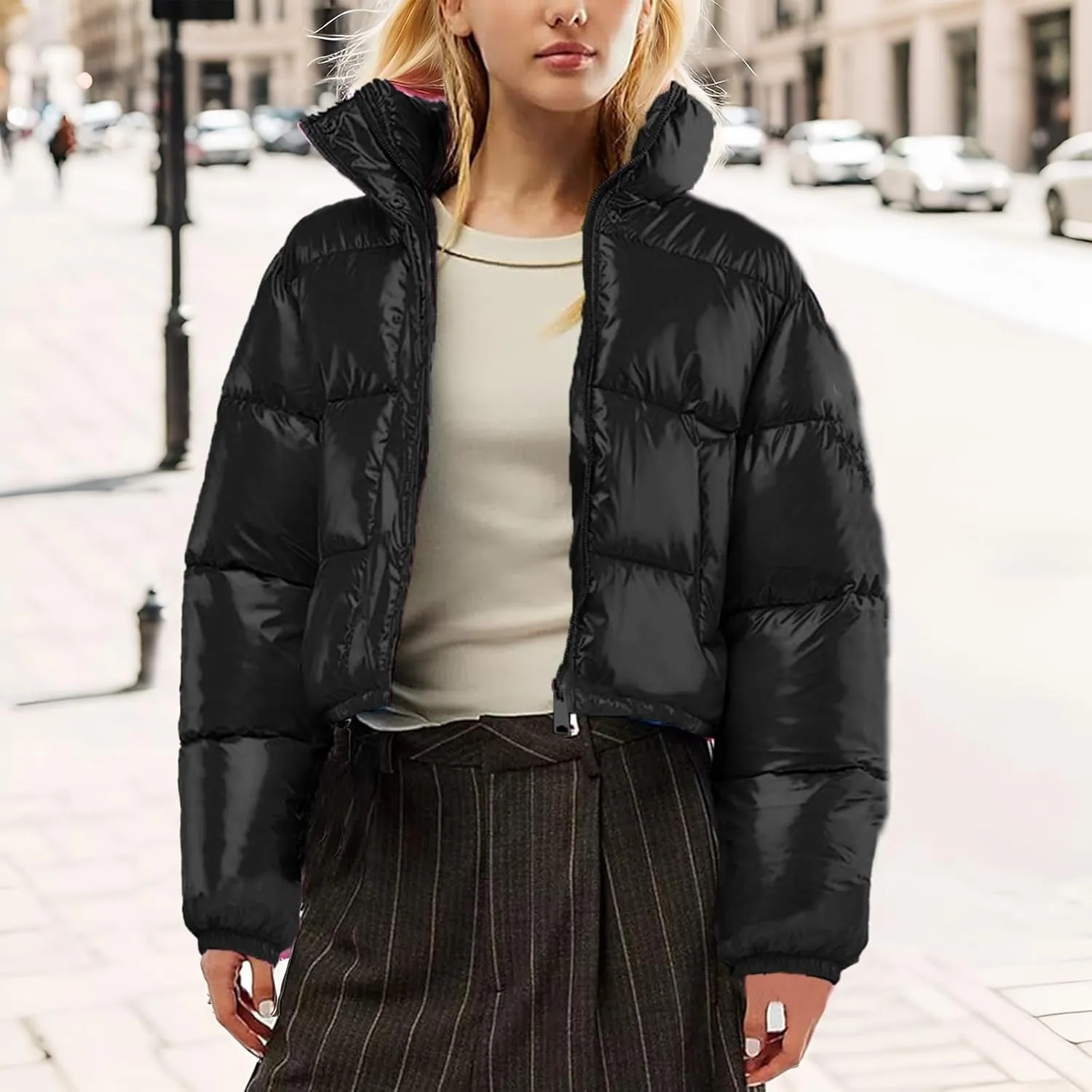 Cropped Puffer Jacket Women Winter Warm Stand Collar Slim Fit Crop Puffy Down Coat Long Sleeve Short Bubble Jackets