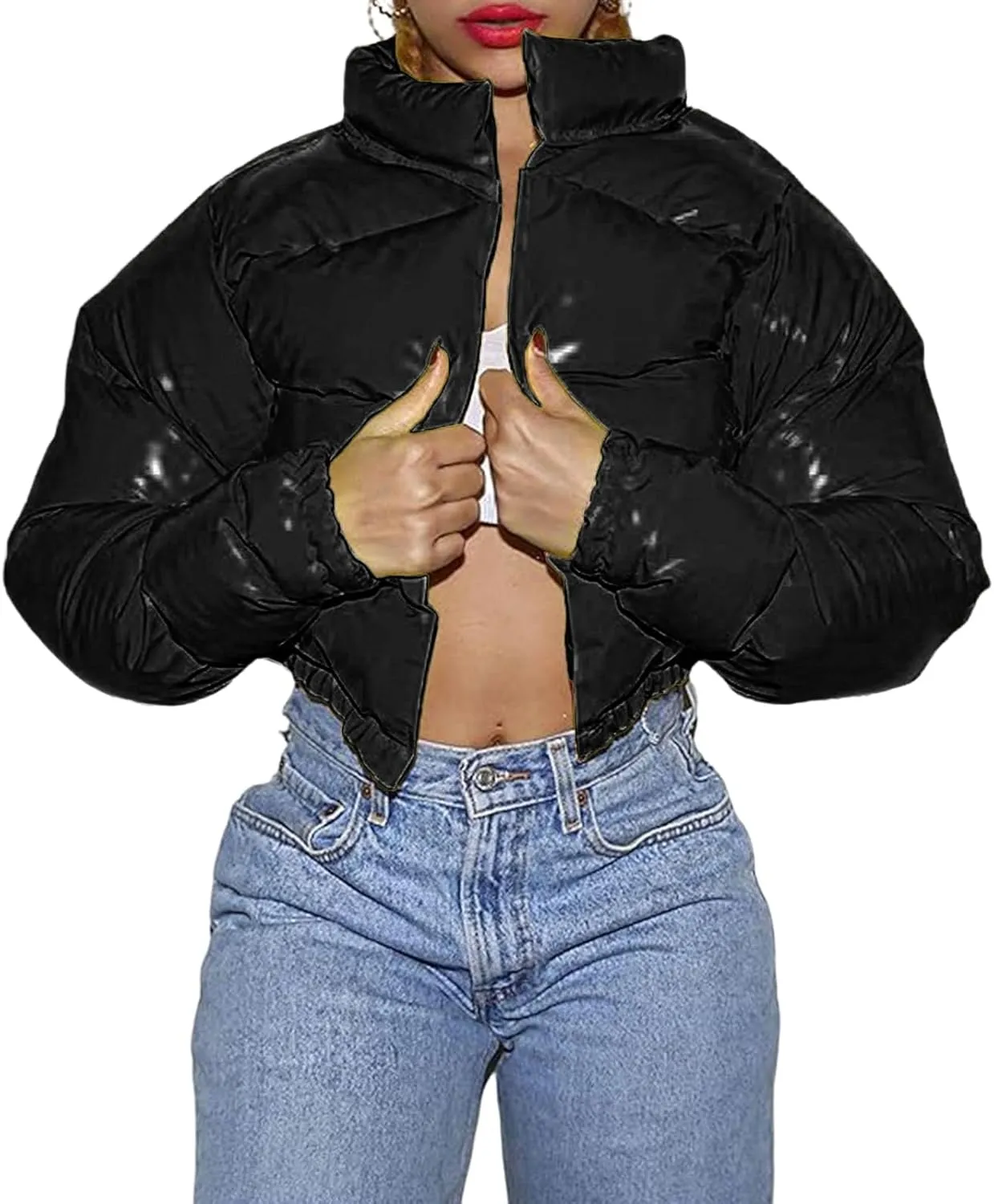 Cropped Puffer Jacket Women Winter Warm Stand Collar Slim Fit Crop Puffy Down Coat Long Sleeve Short Bubble Jackets