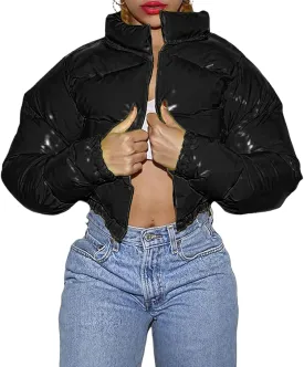 Cropped Puffer Jacket Women Winter Warm Stand Collar Slim Fit Crop Puffy Down Coat Long Sleeve Short Bubble Jackets