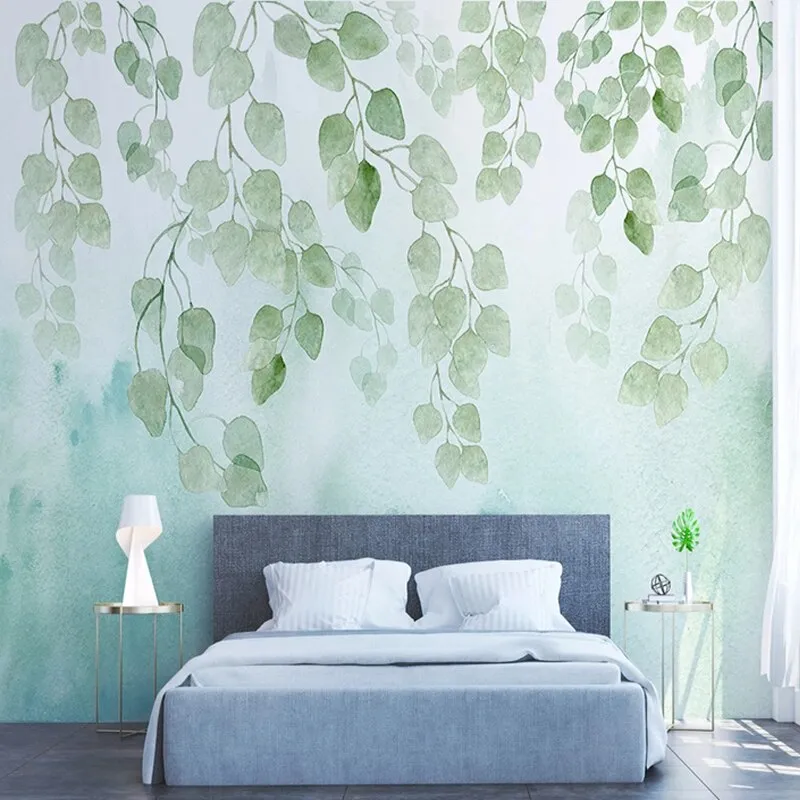 Custom Wallpaper Mural Nordic Style Watercolor Green Leaf (㎡)