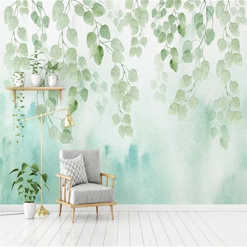 Custom Wallpaper Mural Nordic Style Watercolor Green Leaf (㎡)