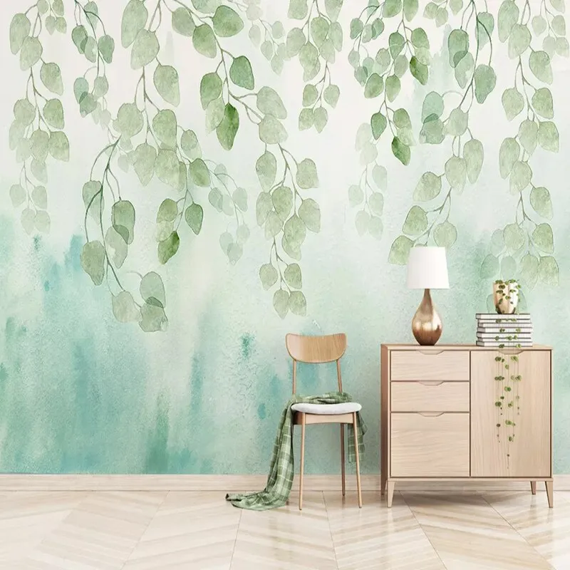 Custom Wallpaper Mural Nordic Style Watercolor Green Leaf (㎡)
