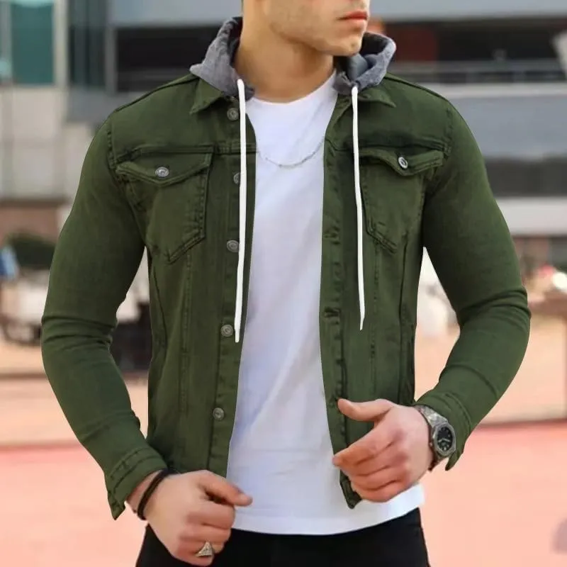 Denim Hoodie Military Jacket for Men Casual Slim Fit Button Down Jeans Coat Fashion Winter Denim Trucker Jacket