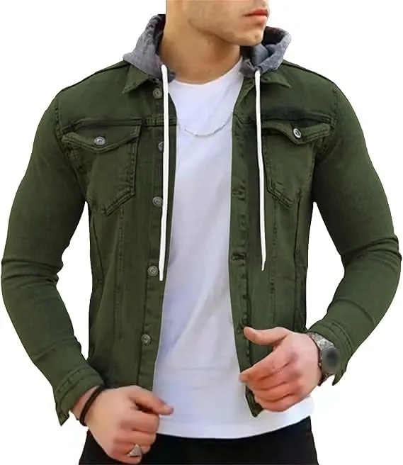 Denim Hoodie Military Jacket for Men Casual Slim Fit Button Down Jeans Coat Fashion Winter Denim Trucker Jacket