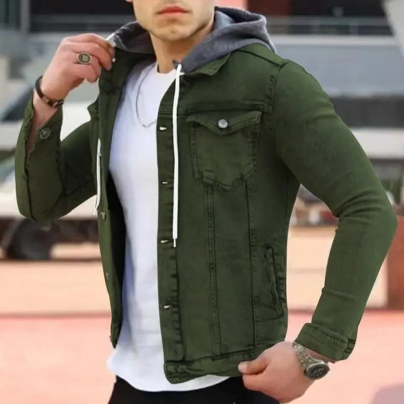 Denim Hoodie Military Jacket for Men Casual Slim Fit Button Down Jeans Coat Fashion Winter Denim Trucker Jacket