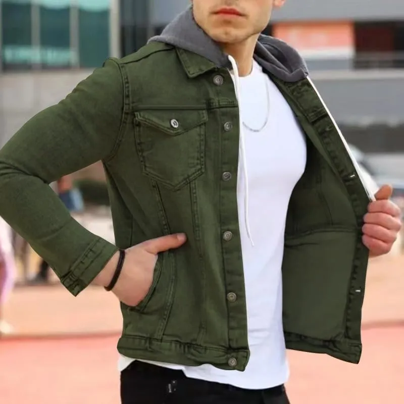 Denim Hoodie Military Jacket for Men Casual Slim Fit Button Down Jeans Coat Fashion Winter Denim Trucker Jacket