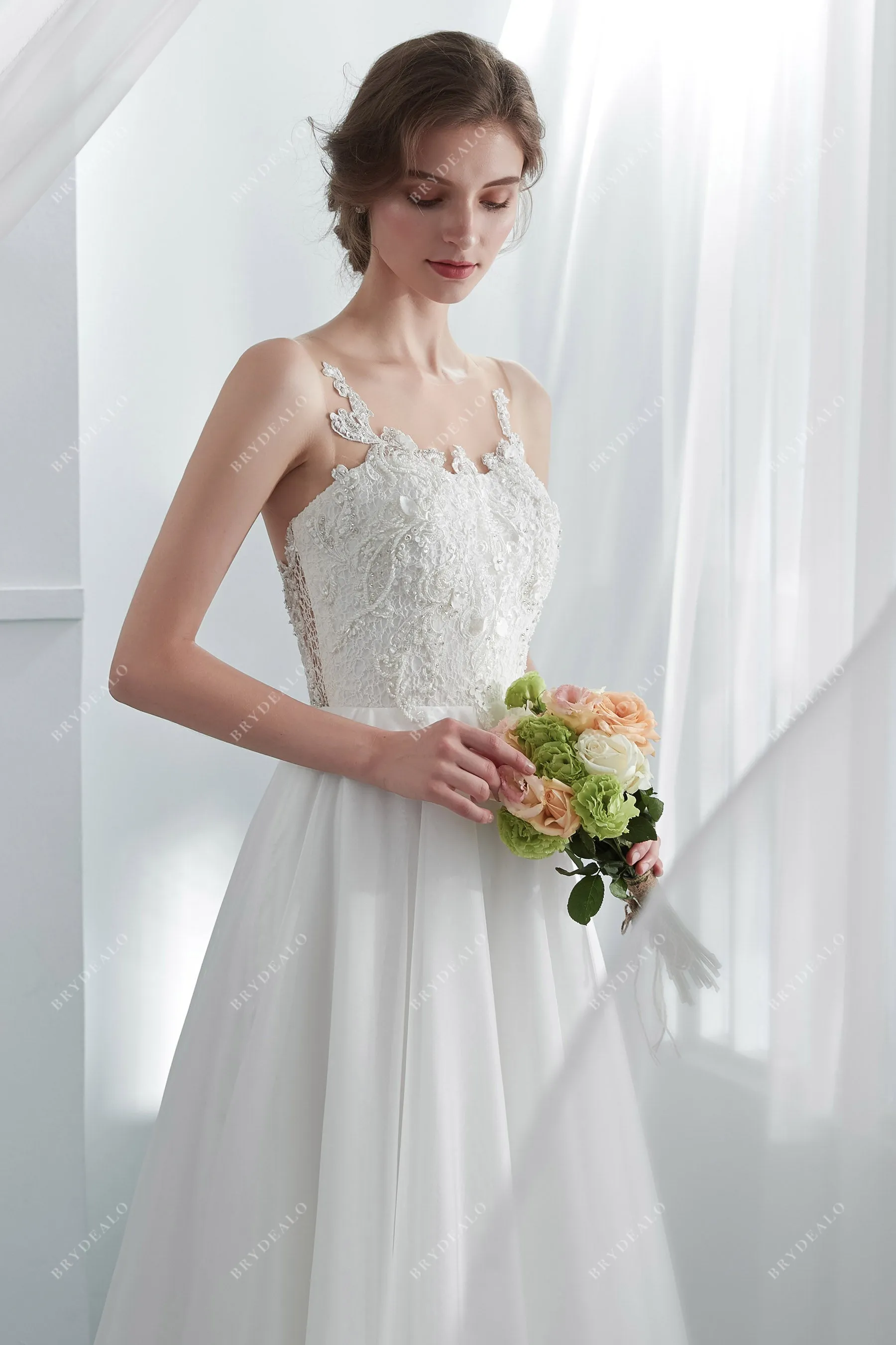 Designer Beaded Floral Lace Summer Organza A-line Bridal Gown