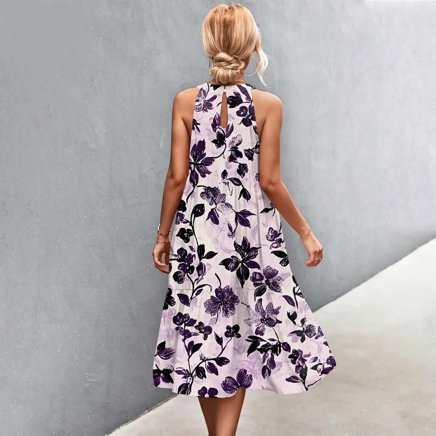 Dresses for Women 2025 Splicing Floral Print Midi Dresses Sleeveless Hanging Neck Sundresses Swing Tank Dresses