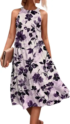 Dresses for Women 2025 Splicing Floral Print Midi Dresses Sleeveless Hanging Neck Sundresses Swing Tank Dresses