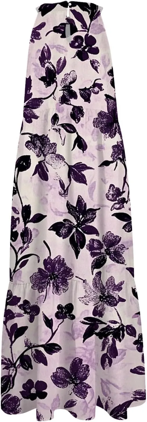 Dresses for Women 2025 Splicing Floral Print Midi Dresses Sleeveless Hanging Neck Sundresses Swing Tank Dresses