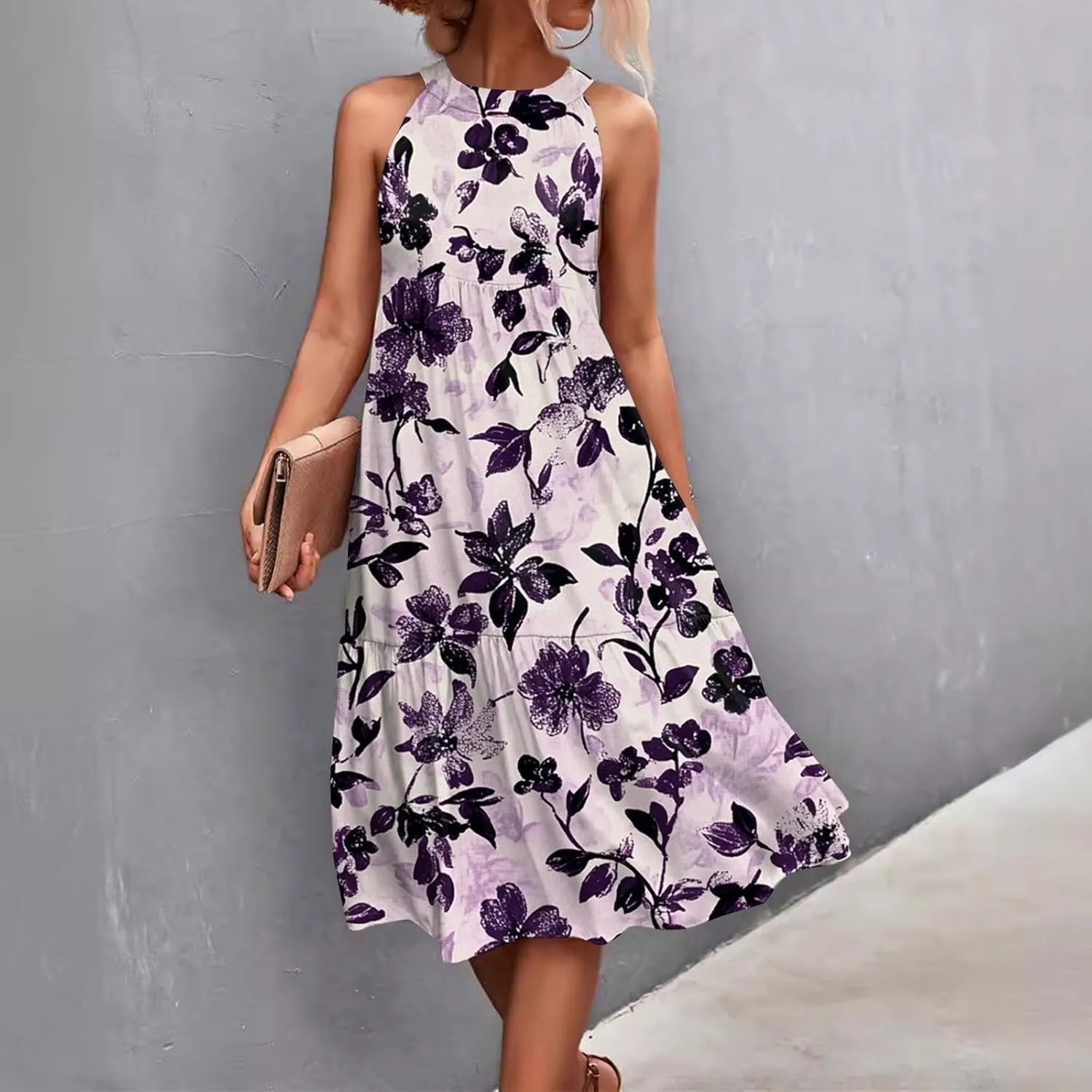 Dresses for Women 2025 Splicing Floral Print Midi Dresses Sleeveless Hanging Neck Sundresses Swing Tank Dresses
