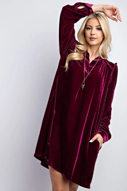 Easel Velvet Dress with Ruffle Accent - Plum