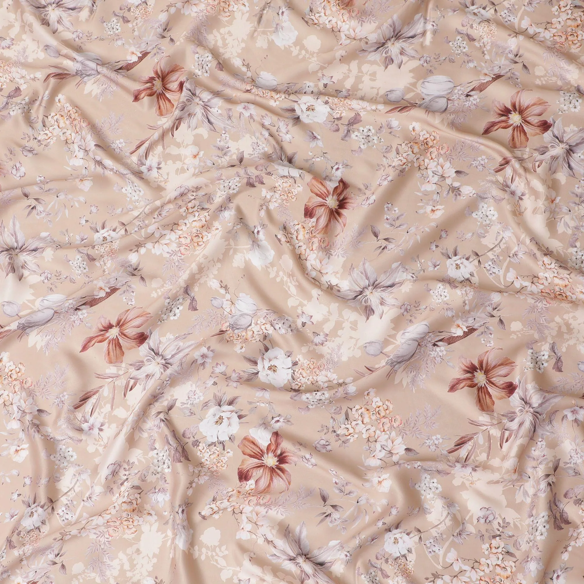 Eggnog beige synthetic crepe fabric with multicolor print in floral design-D15667