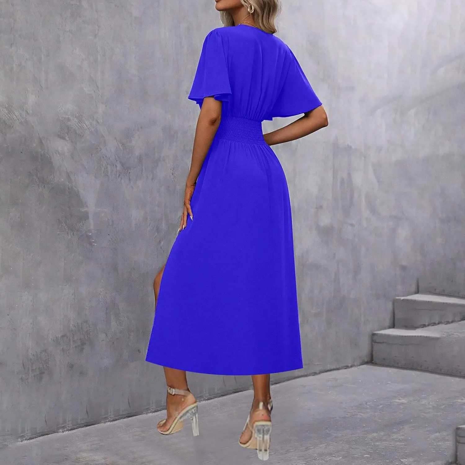 Elegant Dresses for Women Summer Casual Short Sleeve Ruched Wrap V Neck Empired Waist Pleated Side Split Midi Dresses