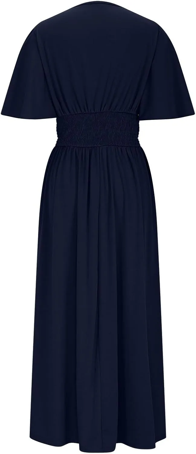 Elegant Dresses for Women Summer Casual Short Sleeve Ruched Wrap V Neck Empired Waist Pleated Side Split Midi Dresses