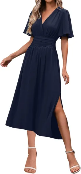 Elegant Dresses for Women Summer Casual Short Sleeve Ruched Wrap V Neck Empired Waist Pleated Side Split Midi Dresses