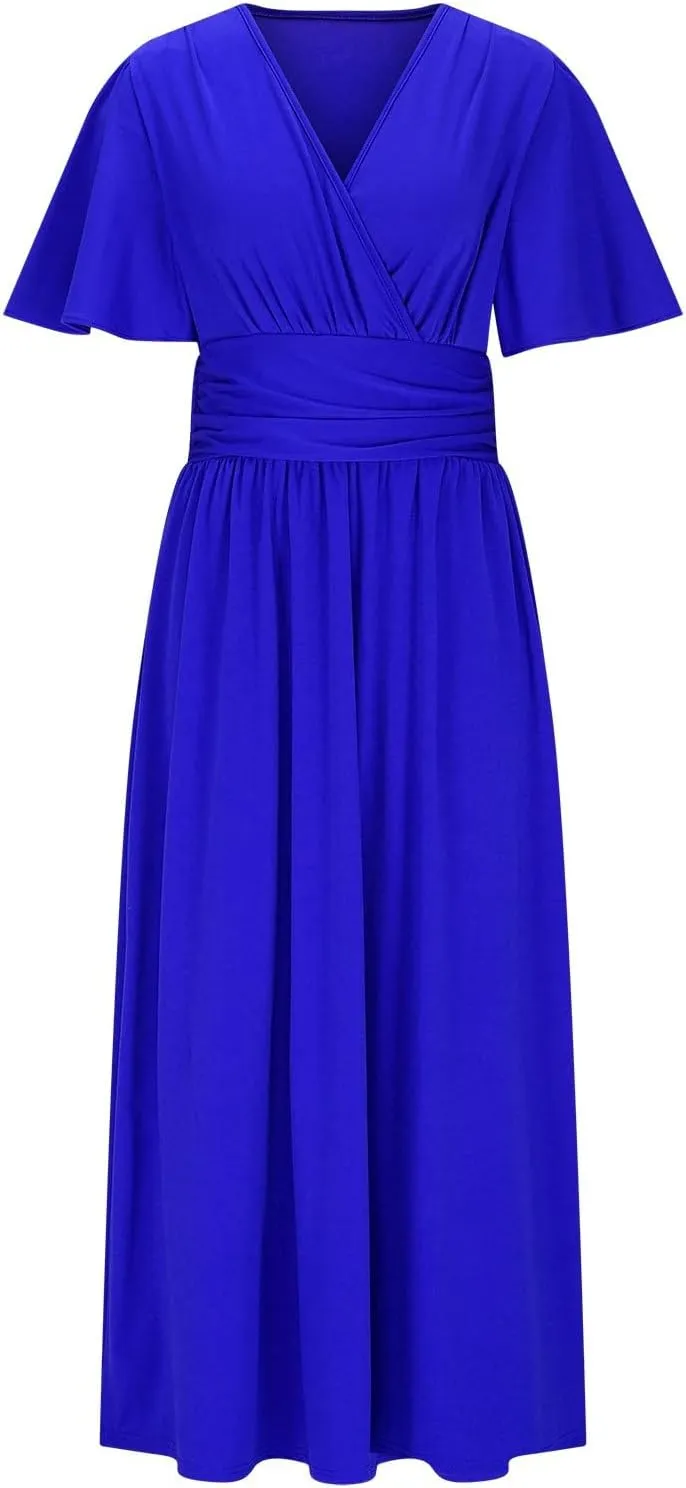 Elegant Dresses for Women Summer Casual Short Sleeve Ruched Wrap V Neck Empired Waist Pleated Side Split Midi Dresses